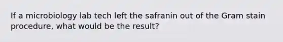 If a microbiology lab tech left the safranin out of the Gram stain procedure, what would be the result?