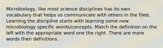 Microbiology, like most science disciplines has its own vocabulary that helps us communicate with others in the filed. Learning the discipline starts with learning some new microbiology specific words/concepts. Match the definition on the left with the appropriate word one the right. There are more words then definitions.