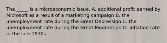 The _____ is a microeconomic issue. A. additional profit earned by Microsoft as a result of a marketing campaign B. the unemployment rate during the Great Depression C. the unemployment rate during the Great Moderation D. inflation rate in the late 1970s