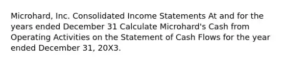 Microhard, Inc. Consolidated Income Statements At and for the years ended December 31 Calculate Microhard's Cash from Operating Activities on the Statement of Cash Flows for the year ended December 31, 20X3.