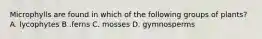 Microphylls are found in which of the following groups of plants? A. lycophytes B .ferns C. mosses D. gymnosperms