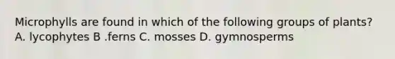 Microphylls are found in which of the following groups of plants? A. lycophytes B .ferns C. mosses D. gymnosperms