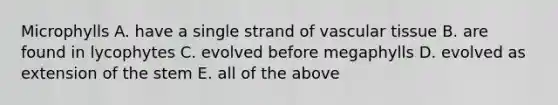 Microphylls A. have a single strand of vascular tissue B. are found in lycophytes C. evolved before megaphylls D. evolved as extension of the stem E. all of the above