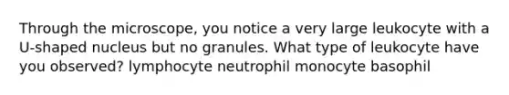 Through the microscope, you notice a very large leukocyte with a U-shaped nucleus but no granules. What type of leukocyte have you observed? lymphocyte neutrophil monocyte basophil