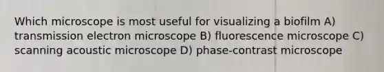 Which microscope is most useful for visualizing a biofilm A) transmission electron microscope B) fluorescence microscope C) scanning acoustic microscope D) phase-contrast microscope