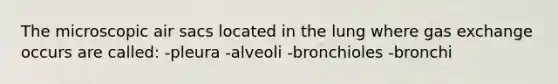 The microscopic air sacs located in the lung where <a href='https://www.questionai.com/knowledge/kU8LNOksTA-gas-exchange' class='anchor-knowledge'>gas exchange</a> occurs are called: -pleura -alveoli -bronchioles -bronchi