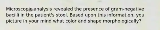 Microscopic analysis revealed the presence of gram-negative bacilli in the patient's stool. Based upon this information, you picture in your mind what color and shape morphologically?