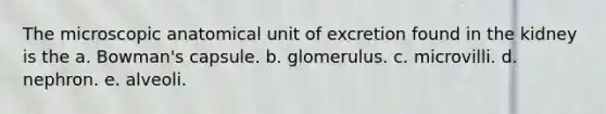 The microscopic anatomical unit of excretion found in the kidney is the a. Bowman's capsule. b. glomerulus. c. microvilli. d. nephron. e. alveoli.