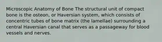 Microscopic Anatomy of Bone The structural unit of compact bone is the osteon, or Haversian system, which consists of concentric tubes of bone matrix (the lamellae) surrounding a central Haversian canal that serves as a passageway for blood vessels and nerves.