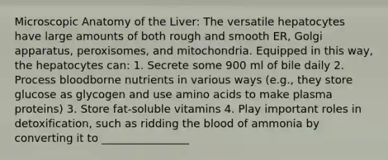 Microscopic Anatomy of the Liver: The versatile hepatocytes have large amounts of both rough and smooth ER, Golgi apparatus, peroxisomes, and mitochondria. Equipped in this way, the hepatocytes can: 1. Secrete some 900 ml of bile daily 2. Process bloodborne nutrients in various ways (e.g., they store glucose as glycogen and use amino acids to make plasma proteins) 3. Store fat-soluble vitamins 4. Play important roles in detoxification, such as ridding the blood of ammonia by converting it to ________________