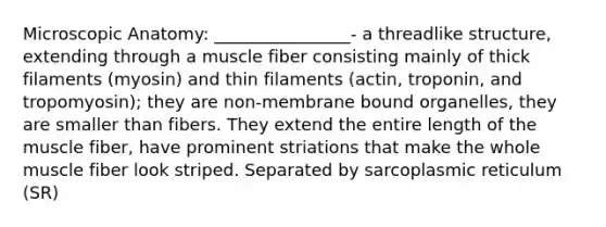 Microscopic Anatomy: ________________- a threadlike structure, extending through a muscle fiber consisting mainly of thick filaments (myosin) and thin filaments (actin, troponin, and tropomyosin); they are non-membrane bound organelles, they are smaller than fibers. They extend the entire length of the muscle fiber, have prominent striations that make the whole muscle fiber look striped. Separated by sarcoplasmic reticulum (SR)