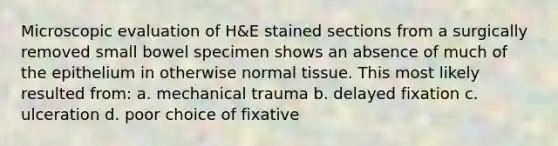 Microscopic evaluation of H&E stained sections from a surgically removed small bowel specimen shows an absence of much of the epithelium in otherwise normal tissue. This most likely resulted from: a. mechanical trauma b. delayed fixation c. ulceration d. poor choice of fixative