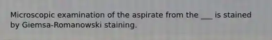Microscopic examination of the aspirate from the ___ is stained by Giemsa-Romanowski staining.