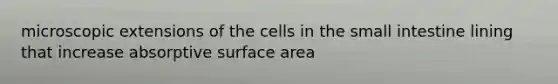 microscopic extensions of the cells in <a href='https://www.questionai.com/knowledge/kt623fh5xn-the-small-intestine' class='anchor-knowledge'>the small intestine</a> lining that increase absorptive surface area