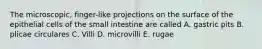 The microscopic, finger-like projections on the surface of the epithelial cells of the small intestine are called A. gastric pits B. plicae circulares C. Villi D. microvilli E. rugae