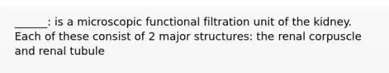 ______: is a microscopic functional filtration unit of the kidney. Each of these consist of 2 major structures: the renal corpuscle and renal tubule