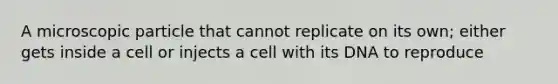 A microscopic particle that cannot replicate on its own; either gets inside a cell or injects a cell with its DNA to reproduce