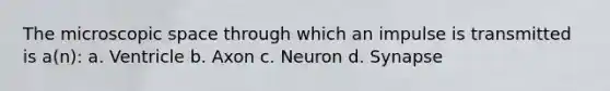 The microscopic space through which an impulse is transmitted is a(n): a. Ventricle b. Axon c. Neuron d. Synapse