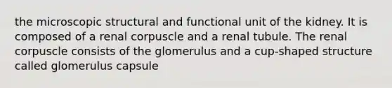 the microscopic structural and functional unit of the kidney. It is composed of a renal corpuscle and a renal tubule. The renal corpuscle consists of the glomerulus and a cup-shaped structure called glomerulus capsule