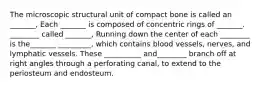 The microscopic structural unit of compact bone is called an _______, Each _______ is composed of concentric rings of _______. ________ called _______, Running down the center of each ________ is the_______ _________, which contains blood vessels, nerves, and lymphatic vessels. These __________ and________ branch off at right angles through a perforating canal, to extend to the periosteum and endosteum.