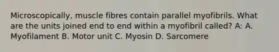 Microscopically, muscle fibres contain parallel myofibrils. What are the units joined end to end within a myofibril called? A: A. Myofilament B. Motor unit C. Myosin D. Sarcomere