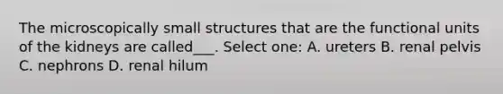 The microscopically small structures that are the functional units of the kidneys are called___. Select one: A. ureters B. renal pelvis C. nephrons D. renal hilum