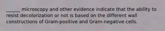 ______ microscopy and other evidence indicate that the ability to resist decolorization or not is based on the different wall constructions of Gram-positive and Gram-negative cells.