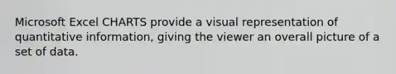 Microsoft Excel CHARTS provide a visual representation of quantitative information, giving the viewer an overall picture of a set of data.