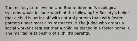 The microsystem level in Urie Bronfenbrenner's ecological systems would include which of the following? A Society's belief that a child is better off with natural parents than with foster parents under most circumstances. B The judge who grants a social worker's request that a child be placed in a foster home. C The marital relationship of a child's parents.