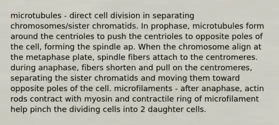 microtubules - direct cell division in separating chromosomes/sister chromatids. In prophase, microtubules form around the centrioles to push the centrioles to opposite poles of the cell, forming the spindle ap. When the chromosome align at the metaphase plate, spindle fibers attach to the centromeres. during anaphase, fibers shorten and pull on the centromeres, separating the sister chromatids and moving them toward opposite poles of the cell. microfilaments - after anaphase, actin rods contract with myosin and contractile ring of microfilament help pinch the dividing cells into 2 daughter cells.