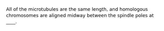 All of the microtubules are the same length, and homologous chromosomes are aligned midway between the spindle poles at ____.