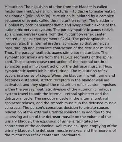 Micturition The expulsion of urine from the bladder is called micturition (mik′chū-rish′ŭn; micturio = to desire to make water) or urination (yūr′i-nā′shŭn). Micturition is initiated by a complex sequence of events called the micturition reflex. The bladder is supplied by both parasympathetic and sympathetic axons of <a href='https://www.questionai.com/knowledge/kMqcwgxBsH-the-autonomic-nervous-system' class='anchor-knowledge'>the autonomic nervous system</a>. The parasympathetic axons (pelvic splanchnic nerves) come from the micturition reflex center located in spinal cord segments S2-S4. The pelvic splanchnic nerves relax the internal urethral sphincter so that urine can pass through and stimulate contraction of the detrusor muscle. Thus, the parasympathetic axons stimulate micturition. The sympathetic axons are from the T11-L2 segments of <a href='https://www.questionai.com/knowledge/kkAfzcJHuZ-the-spinal-cord' class='anchor-knowledge'>the spinal cord</a>. These axons cause contraction of the internal urethral sphincter and inhibit contraction of the detrusor muscle. Thus, sympathetic axons inhibit micturition. The micturition reflex occurs in a series of steps: When the bladder fills with urine and becomes distended, stretch receptors in the bladder wall are activated, and they signal the micturition reflex center. Impulses within the parasympathetic division of the autonomic nervous system travel to both the internal urethral sphincter and the detrusor muscle. The smooth muscle in the internal urethral sphincter relaxes, and the smooth muscle in the detrusor muscle contracts. The person's conscious decision to urinate causes relaxation of the external urethral sphincter. In addition to the squeezing action of the detrusor muscle on the volume of the <a href='https://www.questionai.com/knowledge/kb9SdfFdD9-urinary-bladder' class='anchor-knowledge'>urinary bladder</a>, the expulsion of urine is facilitated by contraction of the abdominal wall muscles. Upon emptying of the urinary bladder, the detrusor muscle relaxes, and the neurons of the micturition reflex center are inactivated.