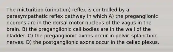 The micturition (urination) reflex is controlled by a parasympathetic reflex pathway in which A) the preganglionic neurons are in the dorsal motor nucleus of the vagus in the brain. B) the preganglionic cell bodies are in the wall of the bladder. C) the preganglionic axons occur in pelvic splanchnic nerves. D) the postganglionic axons occur in the celiac plexus.