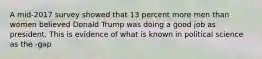 A mid-2017 survey showed that 13 percent more men than women believed Donald Trump was doing a good job as president. This is evidence of what is known in political science as the -gap