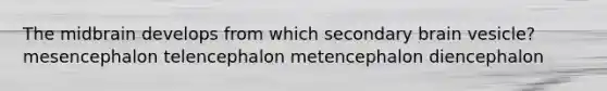 The midbrain develops from which secondary brain vesicle? mesencephalon telencephalon metencephalon diencephalon