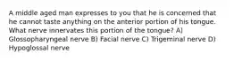 A middle aged man expresses to you that he is concerned that he cannot taste anything on the anterior portion of his tongue. What nerve innervates this portion of the tongue? A) Glossopharyngeal nerve B) Facial nerve C) Trigeminal nerve D) Hypoglossal nerve