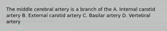 The middle cerebral artery is a branch of the A. Internal carotid artery B. External carotid artery C. Basilar artery D. Vertebral artery