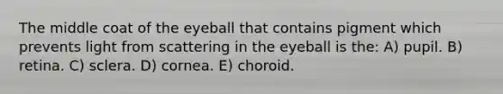 The middle coat of the eyeball that contains pigment which prevents light from scattering in the eyeball is the: A) pupil. B) retina. C) sclera. D) cornea. E) choroid.