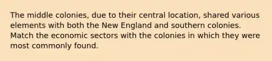 The middle colonies, due to their central location, shared various elements with both the New England and southern colonies. Match the economic sectors with the colonies in which they were most commonly found.