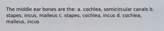 The middle ear bones are the: a. cochlea, semicircular canals b. stapes, incus, malleus c. stapes, cochlea, incus d. cochlea, malleus, incus