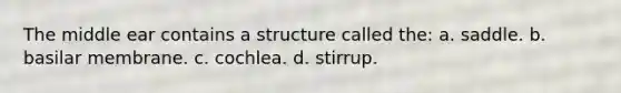 The middle ear contains a structure called the: a. saddle. b. basilar membrane. c. cochlea. d. stirrup.