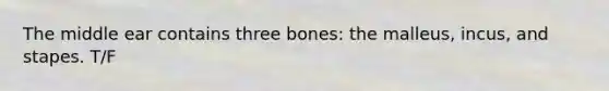 The middle ear contains three bones: the malleus, incus, and stapes. T/F