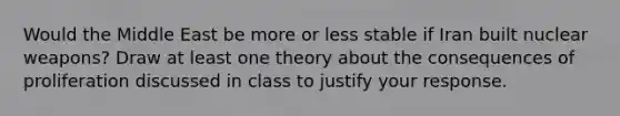 Would the Middle East be more or less stable if Iran built nuclear weapons? Draw at least one theory about the consequences of proliferation discussed in class to justify your response.