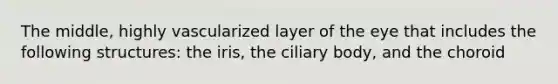 The middle, highly vascularized layer of the eye that includes the following structures: the iris, the ciliary body, and the choroid