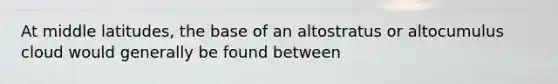 At middle latitudes, the base of an altostratus or altocumulus cloud would generally be found between