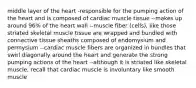 middle layer of the heart -responsible for the pumping action of the heart and is composed of cardiac muscle tissue --makes up around 96% of the heart wall --muscle fiber (cells), like those striated skeletal muscle tissue are wrapped and bundled with connective tissue sheaths composed of endomysium and permysium --cardiac muscle fibers are organized in bundles that swirl diagonally around the heart and generate the strong pumping actions of the heart --although it is striated like skeletal muscle, recall that cardiac muscle is involuntary like smooth muscle