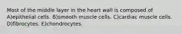 Most of the middle layer in the heart wall is composed of A)epithelial cells. B)smooth muscle cells. C)cardiac muscle cells. D)fibrocytes. E)chondrocytes.