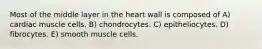 Most of the middle layer in the heart wall is composed of A) cardiac muscle cells. B) chondrocytes. C) epitheliocytes. D) fibrocytes. E) smooth muscle cells.