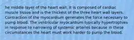 he middle layer of the heart wall. It is composed of cardiac muscle tissue and is the thickest of the three heart wall layers. Contraction of the myocardium generates the force necessary to pump blood. The ventricular myocardium typically hypertrophies in response to narrowing of systemic arteries because in these circumstances the heart must work harder to pump the blood.