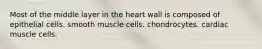 Most of the middle layer in the heart wall is composed of epithelial cells. smooth muscle cells. chondrocytes. cardiac muscle cells.